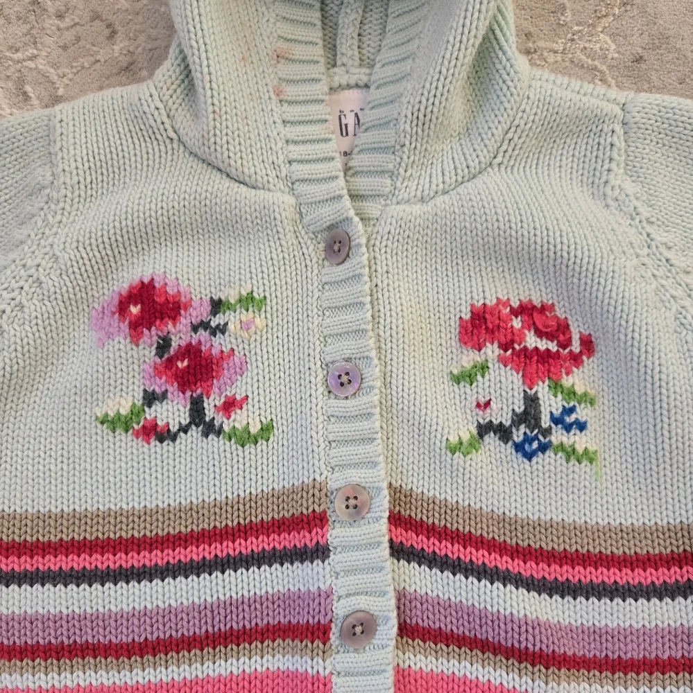 Vintage Y2k Baby Gap Embroidered Knit Hooded Pom Pom Cardigan